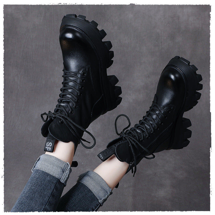 Women's Chunky Sole Combat Boots – Genuine Leather Lace-Up Ankle Boots