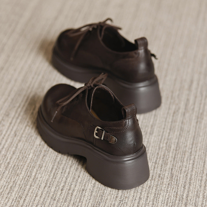 Women's Platform Genuine Leather Oxfords Buckle Lace Up Chunky Heel Shoes