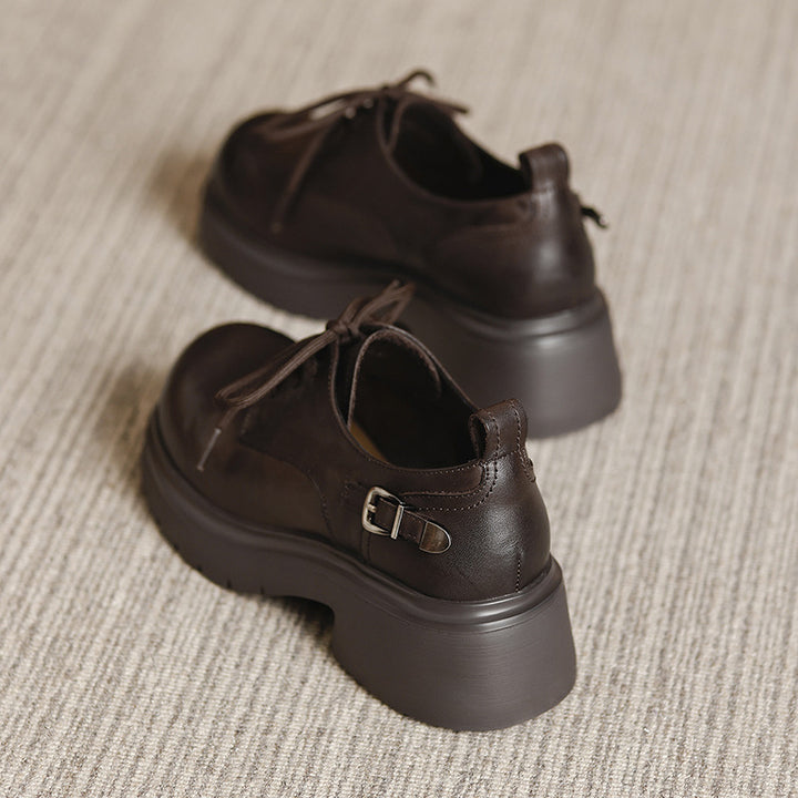 Women's Platform Genuine Leather Oxfords Buckle Lace Up Chunky Heel Shoes