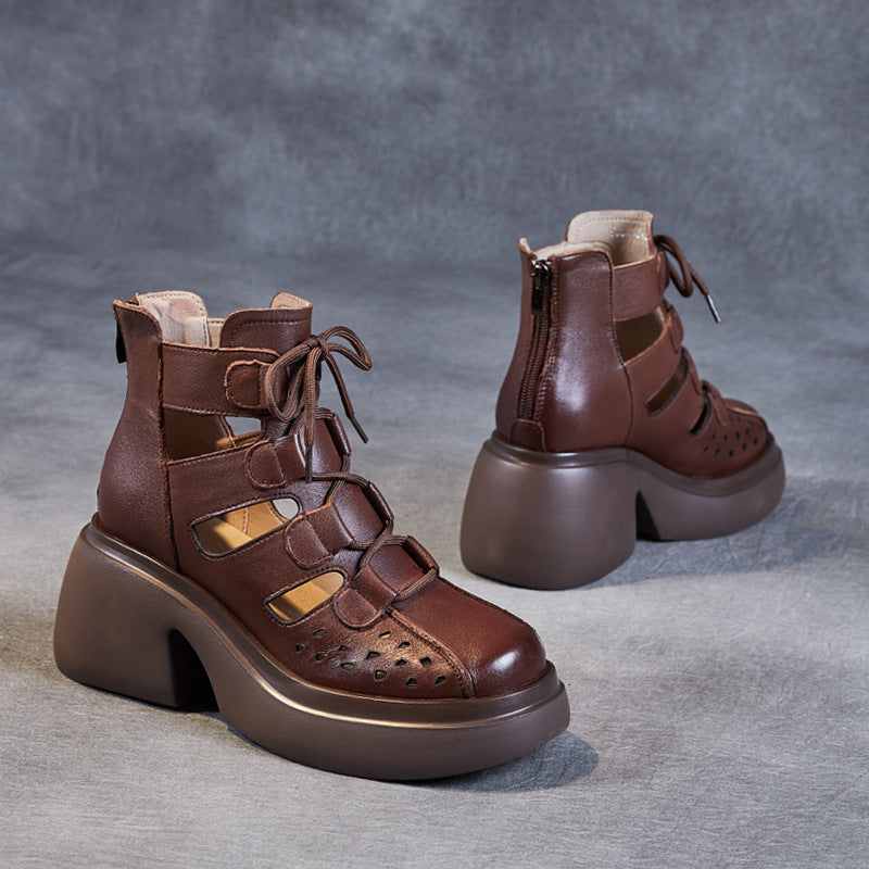 Breathable Leather Cut-out Sandals for Women - High Platform Gladiator Boots with Lace-up & Zipper