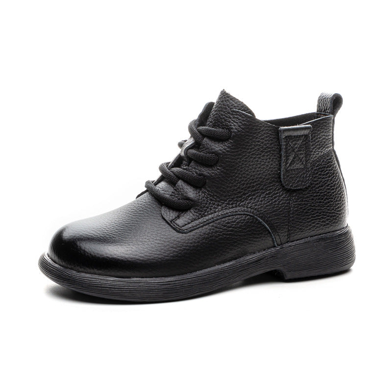 Women's Leather Ankle Boots - Vintage Round Toe Lace-Up Side Zipper Oxford Booties Comfort Walking Shoes