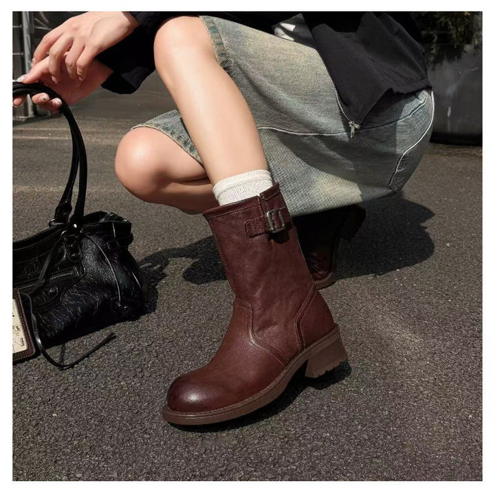 Women's Horsehide Mid Calf Engineer Boots Vintage Buckle Slip On Chunky Heel Booties