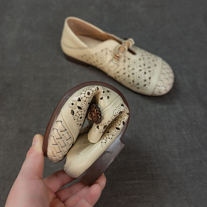 Women's Retro Cutout Leather Loafers Vintage Hollow-out Slip-on Flats