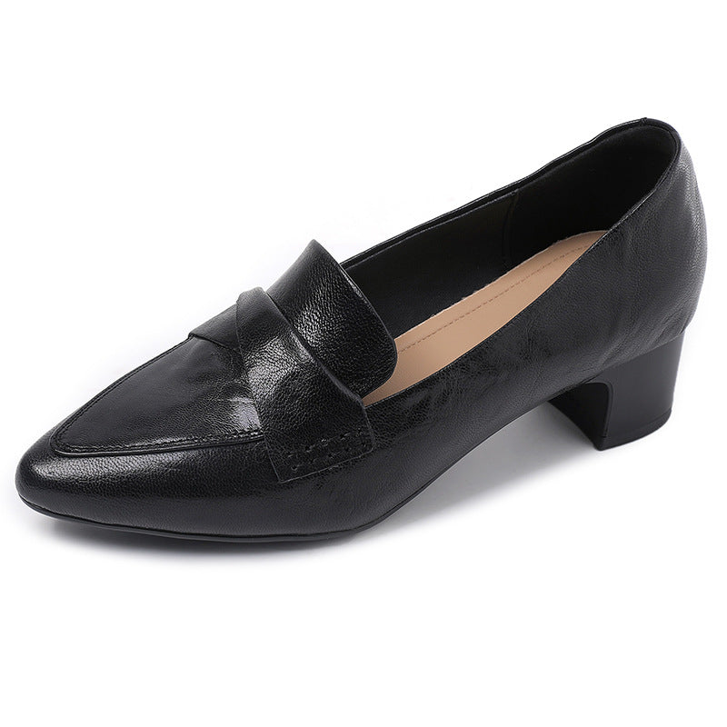 Women's Sophisticated Office Leather Pumps - Pointed Toe Block Heel Loafers