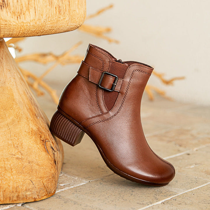 Women’s Leather Retro Ankle Boots – Mid Block Heel Buckle Detail Shoes