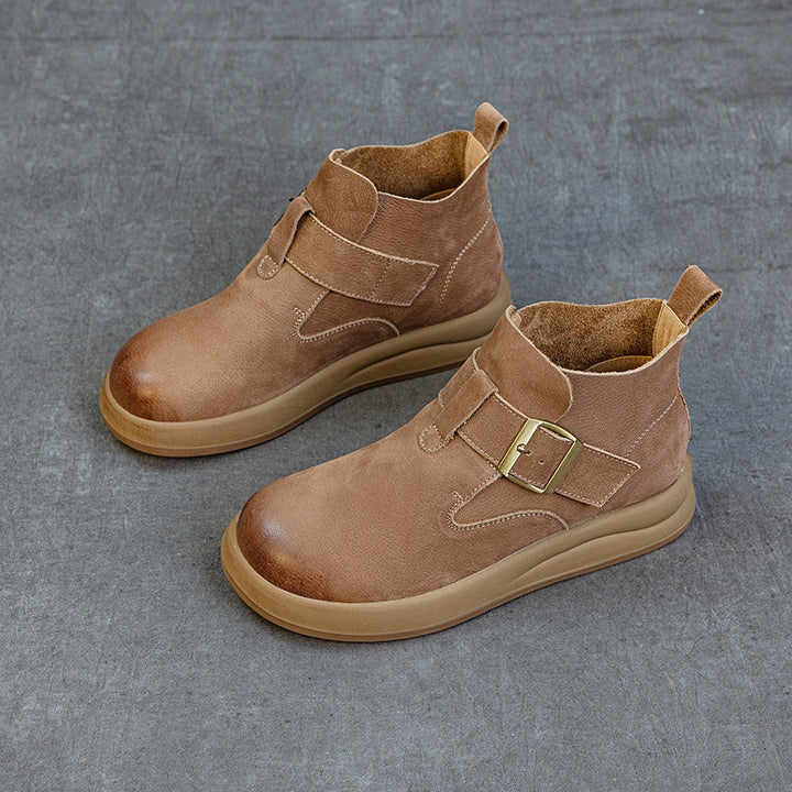 Women's Vintage Leather High-Top Ankle Boots – Buckle Strap Casual Style