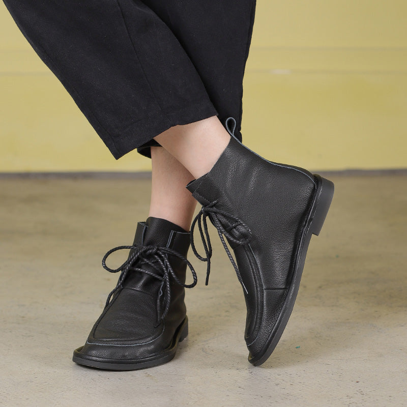 Women's Handmade Vintage Soft Leather Flat Lace-Up Ankle Boots Comfort Fit