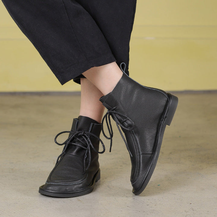 Women's Handmade Vintage Soft Leather Flat Lace-Up Ankle Boots Comfort Fit
