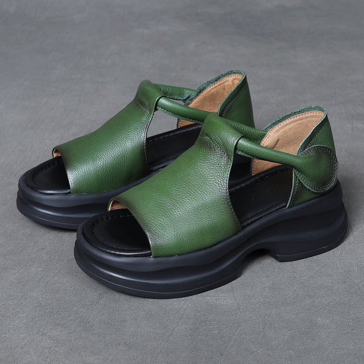 Open-toe Lightweight Leather Chunky Sandals for Women - Platform Summer Slides with Velcro Strap