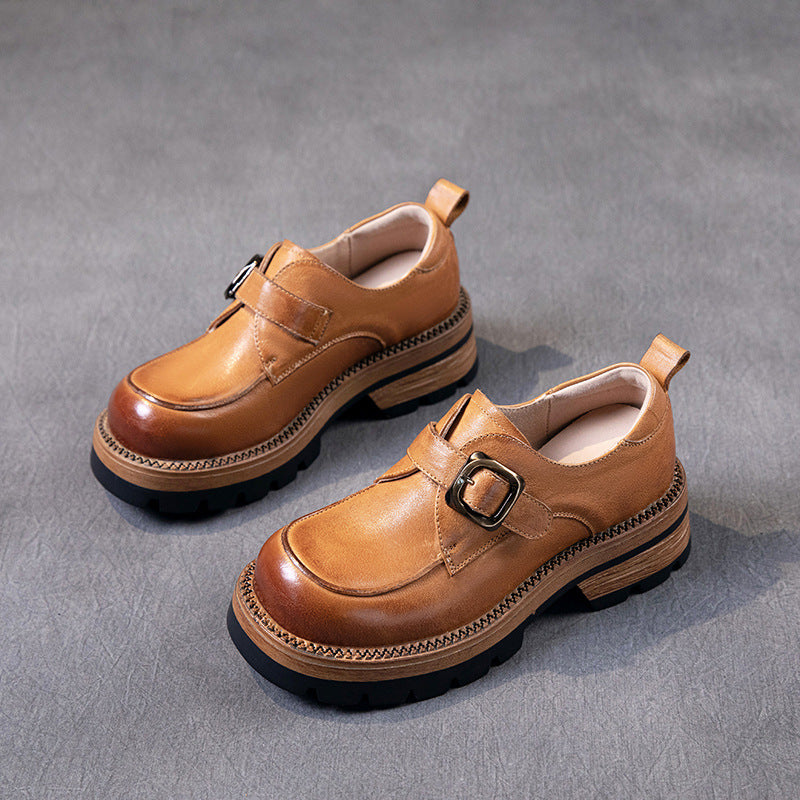 British Style Women's Chunky Loafers - Leather Oxford Shoes with Adjustable Velcro Strap