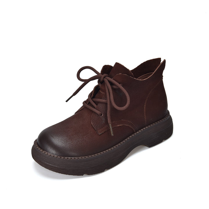 Women's Leather Platform High-Top Shoes – Round Toe Lace-Up Casual Style