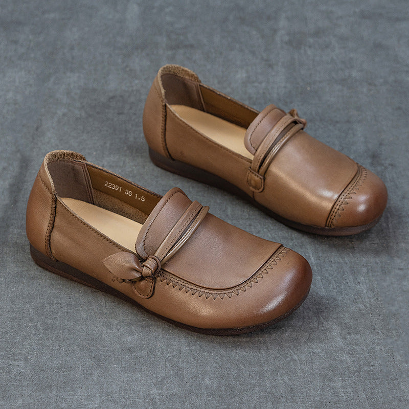 Women's Genuine Leather Knot Loafers Round Toe Slip On Flat Shoes Soft Sole
