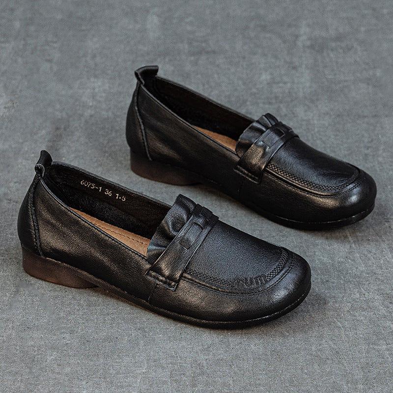 Women's Genuine Leather Penny Loafers Round Toe Slip On Flat Shoes Soft Sole