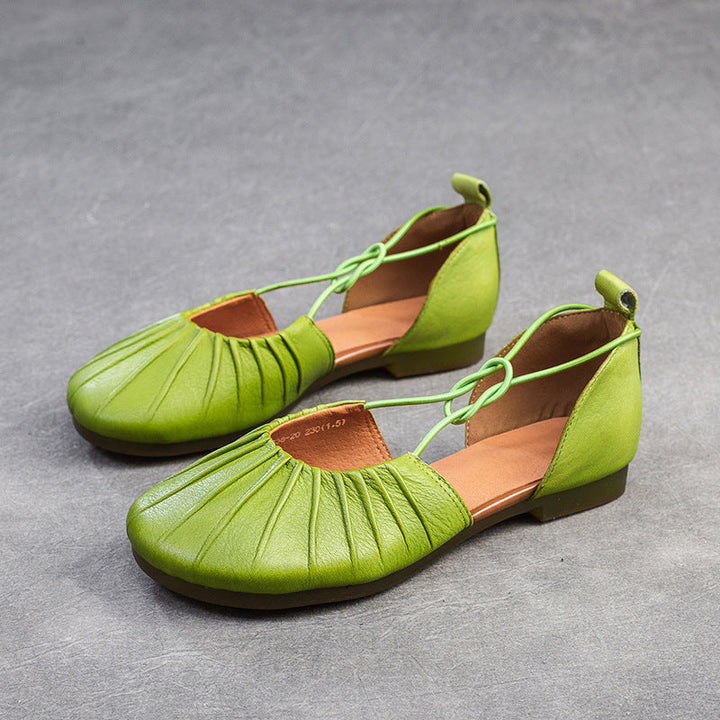 Women's Pleated Cowhide Flats - Summer Breathable Mary Janes - Elastic Cross-Strap