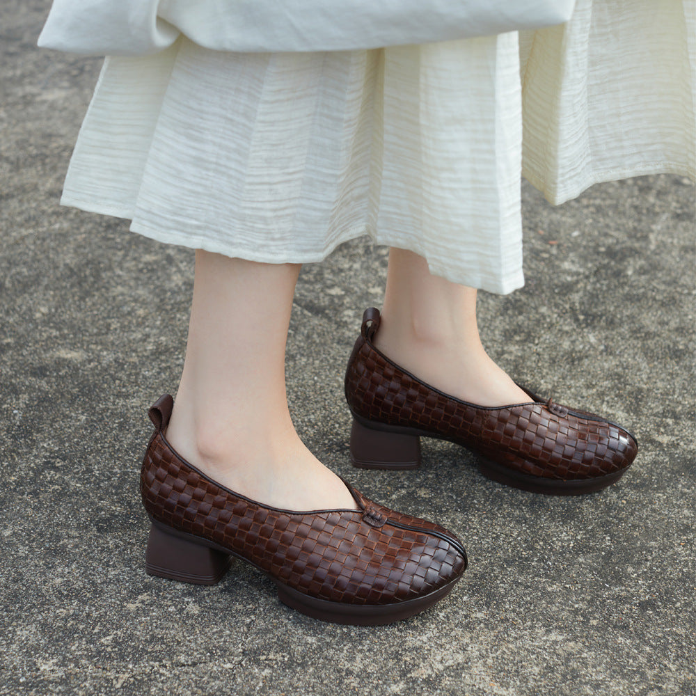 Women's Hand-Woven Loafers - Breathable Unlined Leather Shoes - Wedge Heel