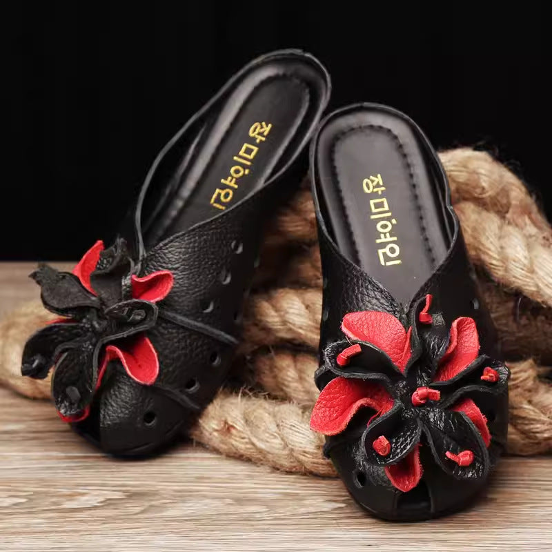 Women's Leather Mules - Retro Hollow Out Summer Sandals with Floral Detail, Slip-on Round Toe Flat Shoes