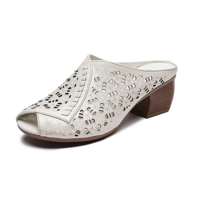 Women's Leather Mules - Hollow Out Floral Perforated Open Peep Toe Sandals Mid Block Chunky Heel Slides