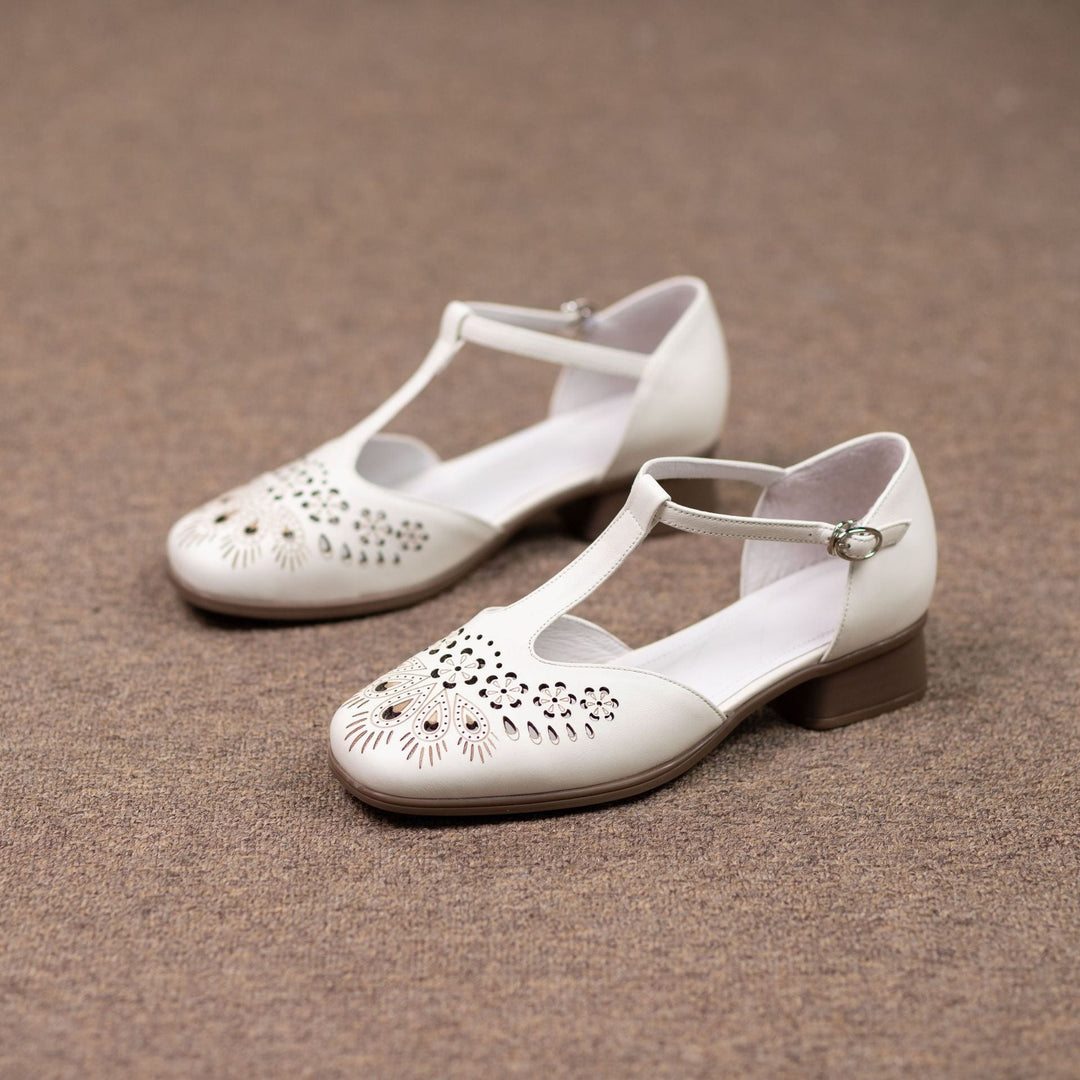 Women's Summer T-Strap Mary Janes - Floral Laser-Cut Cowhide Flats - Block Heel