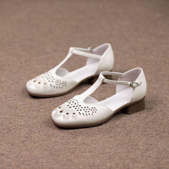 Women's Summer T-Strap Mary Janes - Floral Laser-Cut Cowhide Flats - Block Heel