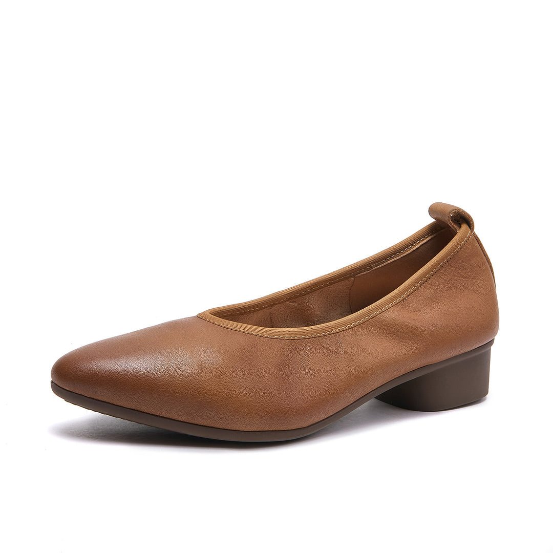 Women's Retro Leather Pumps Vintage Pointed Toe Slip-on Chunky Low Heels