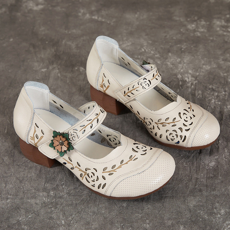 Women's Shoes Retro Summer Leather Sandals Hollowed Out Chunky Heeled