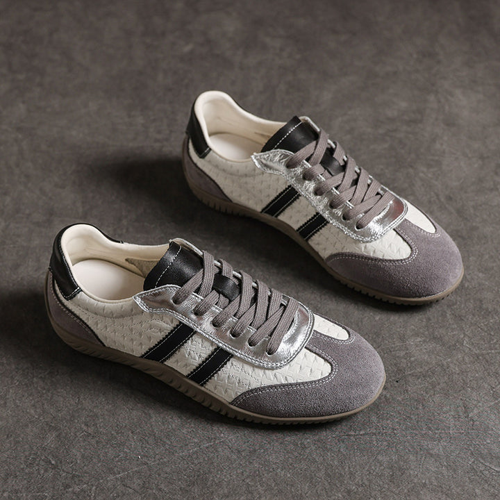 Women's Genuine Leather Retro Sneakers Patchwork Flat Lace Up Casual Walking Shoes