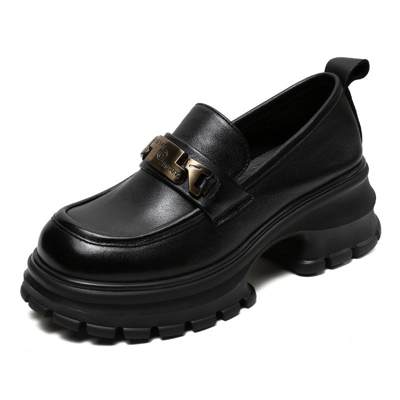 Women's Genuine Leather Platform Loafers - Chunky Heel with Metallic Hardware Details