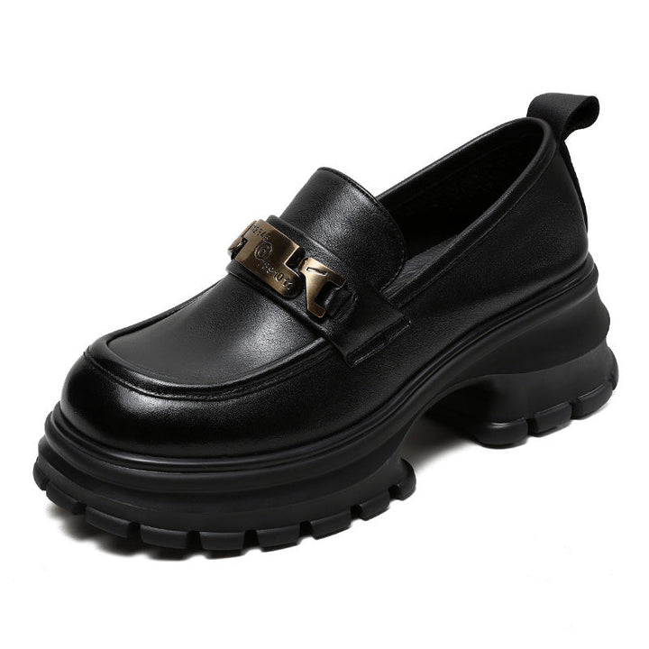 Women's Genuine Leather Platform Loafers - Chunky Heel with Metallic Hardware Details