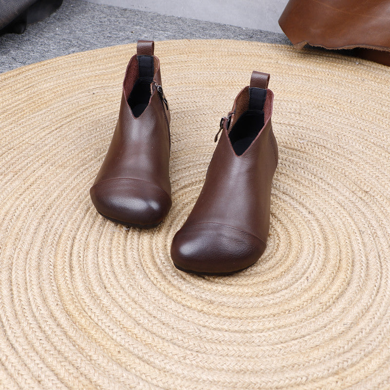 Women's Genuine Leather Ankle Boots Side Zipper V-Cut Flat Booties Casual Walking Shoes