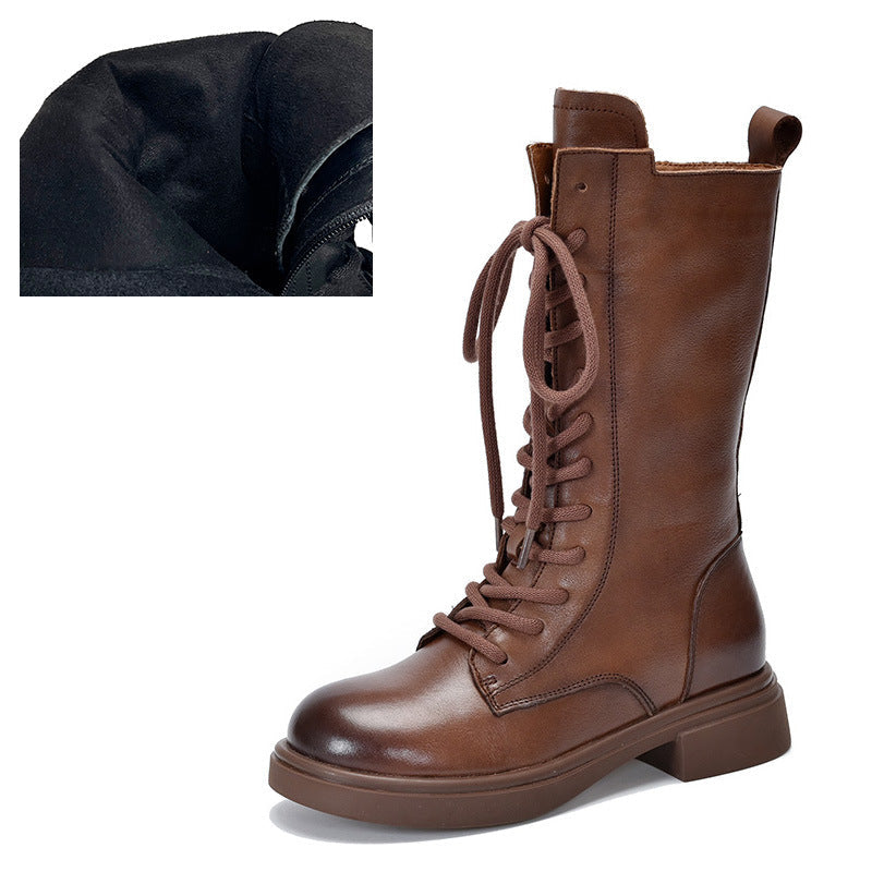 Women's Mid Calf Combat Boots Top-Grain Leather Lace Up Side Zipper Platform Booties