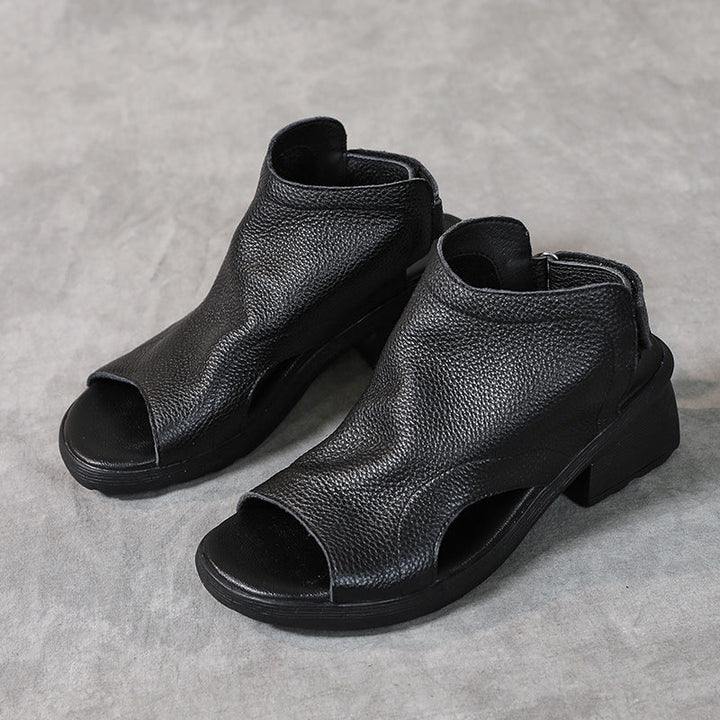Women's Leather Block Heel Hollow Out Open Toe Sandals