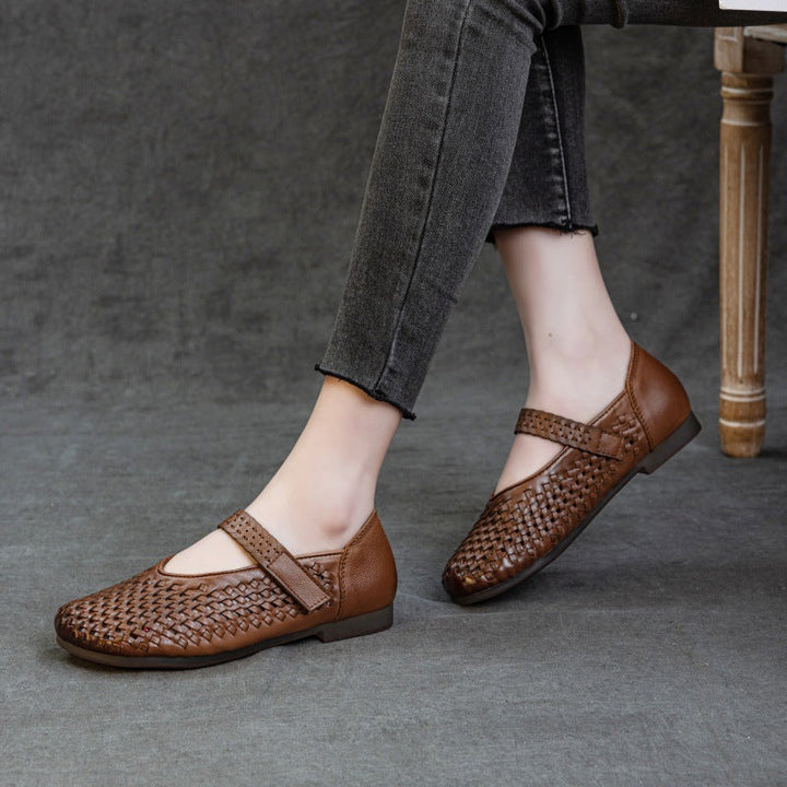 Genuine Leather Weaving Hollow Out Breathable Summer Velcro Women's Sandals