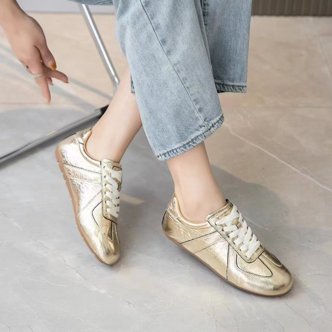 Women's Metallic Leather Running Sneakers Retro Gold Silver Lace-up Trainers