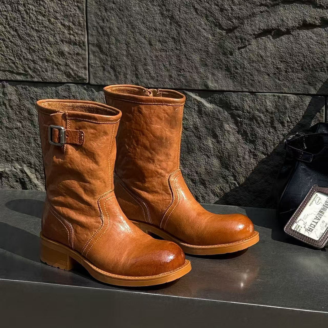 Women's Horsehide Mid Calf Engineer Boots Vintage Buckle Slip On Chunky Heel Booties