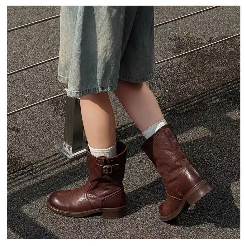 Women's Horsehide Mid Calf Engineer Boots Vintage Buckle Slip On Chunky Heel Booties