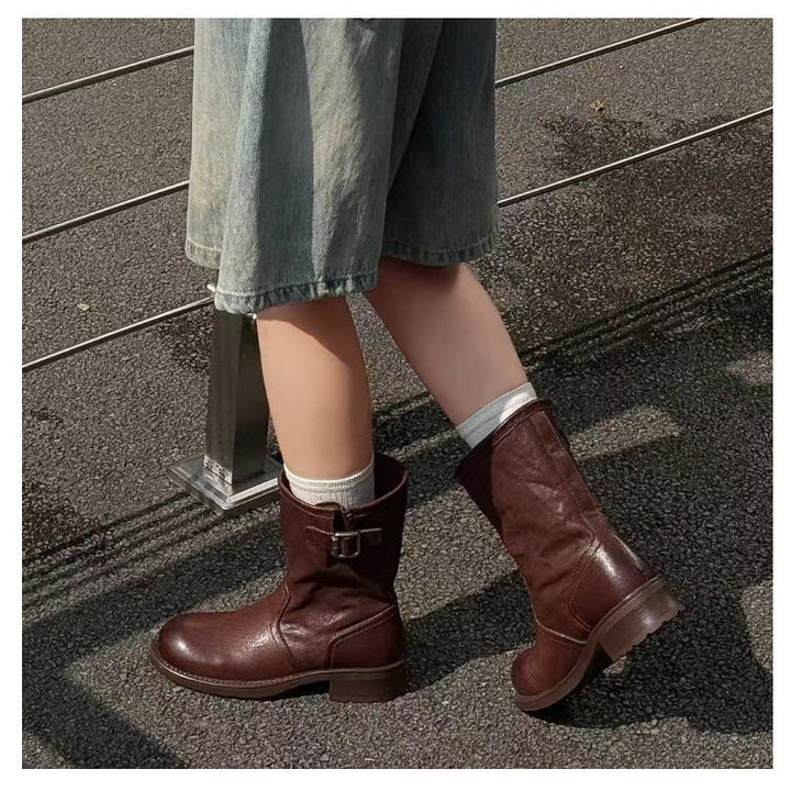 Women's Horsehide Mid Calf Engineer Boots Vintage Buckle Slip On Chunky Heel Booties