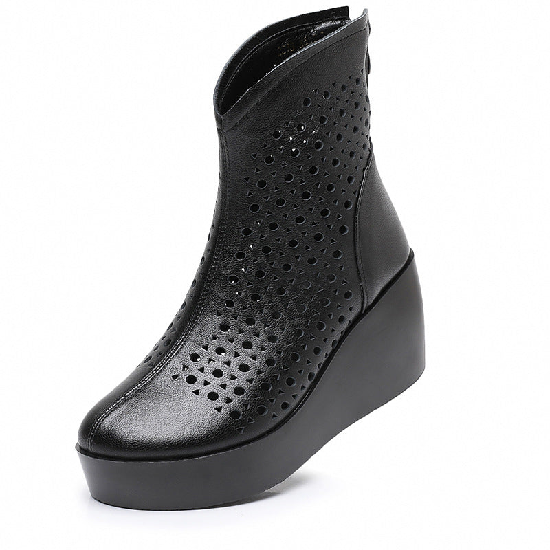 Women‘s Retro Cowhide Ankle Boots Vintage Round Toe Cutout Perforated Wedge Platform High Heels