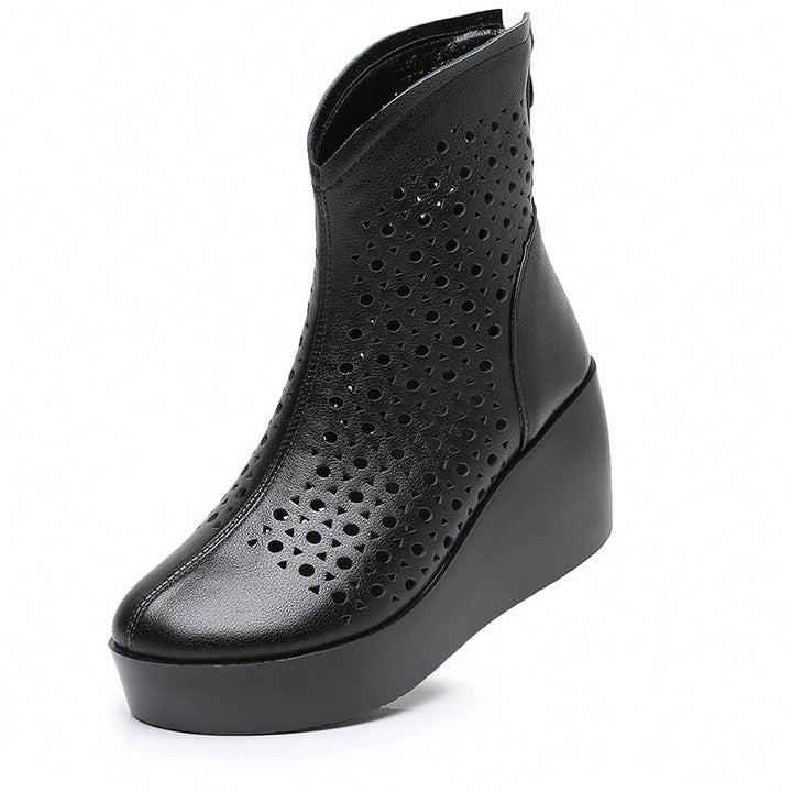 Women‘s Retro Cowhide Ankle Boots Vintage Round Toe Cutout Perforated Wedge Platform High Heels