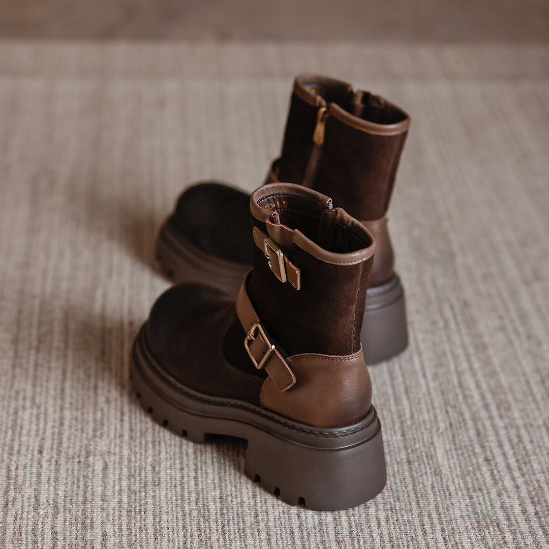 Women's Buckle Strap Cowhide Ankle Boots Chunky Platform Mid Heel Motorcycle Boots