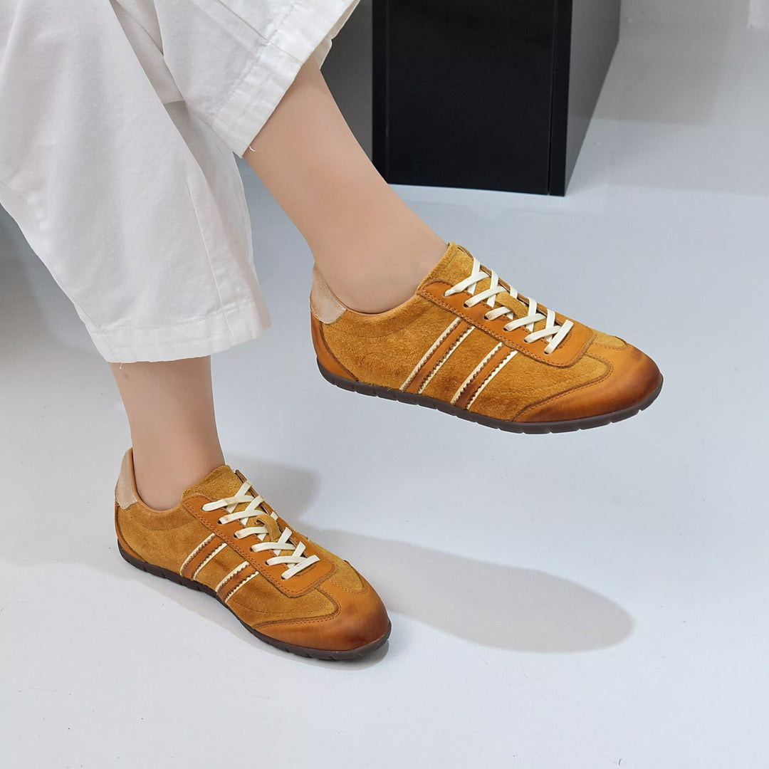 Women's Genuine Leather Retro Sneakers Stripe Patchwork Flat Lace Up Casual Shoes