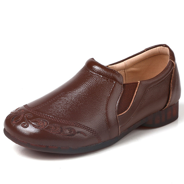Women's Cowhide Vintage Embroidered Flat Loafers Slip On Walking Shoes