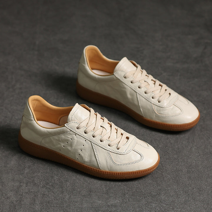 Women's Genuine Leather German Army Trainer Sneakers Retro Low Top Flat Shoes