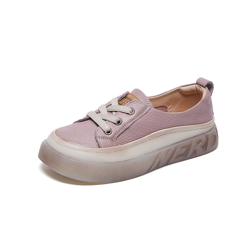Women's Leather Casual Sneakers - Slip-On Round Toe Loafers Elastic Lace Walking Shoes