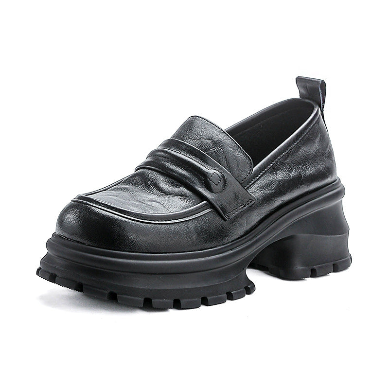 Women's Chunky Lug-Sole Loafers - Leather Elevated Platforms - Ultra-Lightweight Slip-Ons