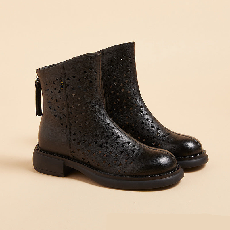 Women‘s Retro Ankle Summer Sandals Boots Vintage Round Toe Cutout Perforated Chunky Heels
