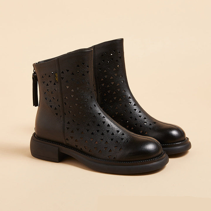 Women‘s Retro Ankle Summer Sandals Boots Vintage Round Toe Cutout Perforated Chunky Heels