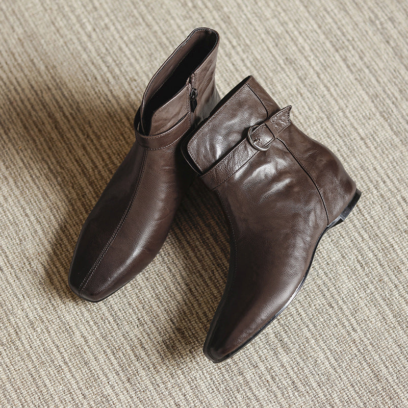 Women's Soft Sheepskin Ankle Boots Side Zipper Square Toe Low Heel Booties