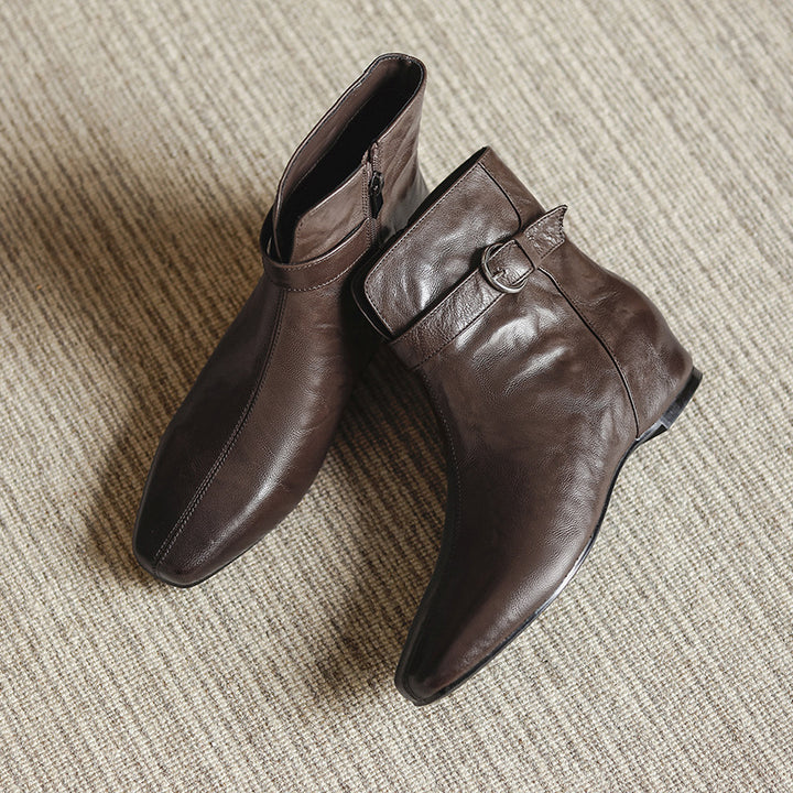 Women's Soft Sheepskin Ankle Boots Side Zipper Square Toe Low Heel Booties