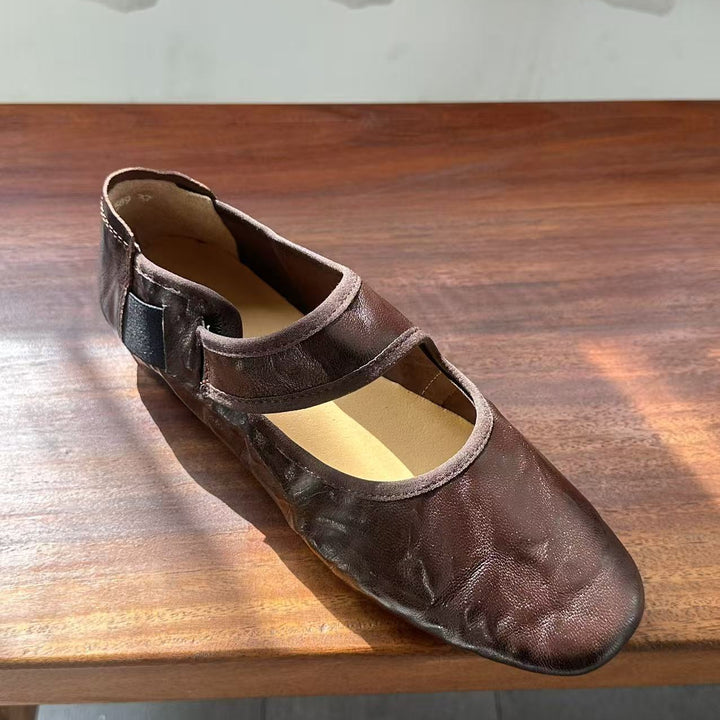 Women's Retro Lambskin Mary Jane Flats Vintage Square Toe Elastic Strap Ballet Shoes