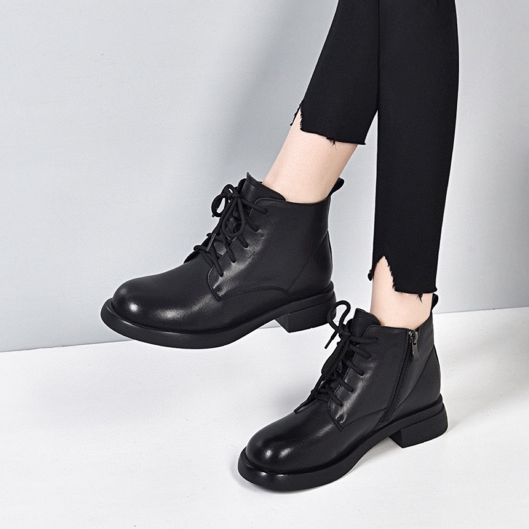 Women's Genuine Leather Ankle Boots - Lace-Up & Side Zipper with Block Heel